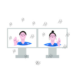 A young girl and a guy smiles and greets with a gesture from the computer