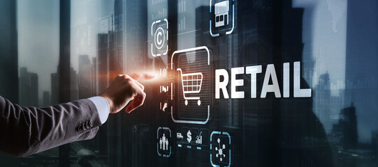 Fototapeta na wymiar Retail concept marketing channels E-commerce Shopping automation on virtual screen