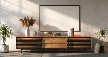 Wooden sideboard with decor on white wall background. Living room mockup, 3d render 