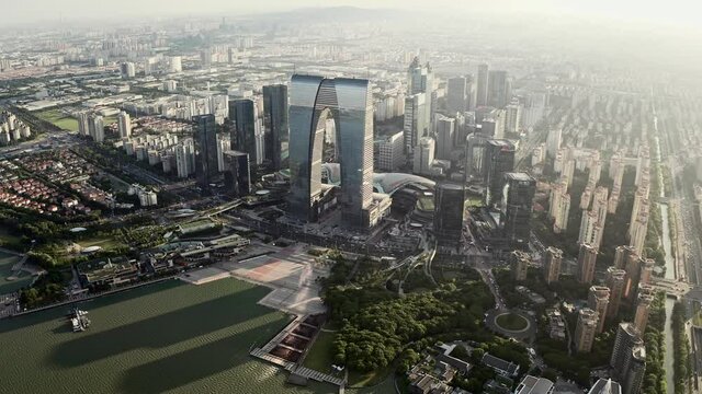 CBD buildings by Jinji Lake in Suzhou, China.