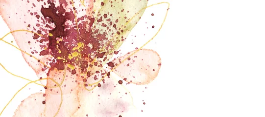 Zelfklevend Fotobehang Abstract texture Watercolor flower with drops and doodle gold line elements on white horizontal background. © Liliia