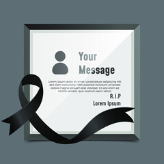Black mourning frame with black ribbon isolated on gray background. Rest in Peace Funeral concept. Eps 10 vector illustration.