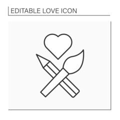 Painting line icon. Brush and pencil crossed, Heart sign. Romantic interpretation. Love concept. Isolated vector illustration. Editable stroke
