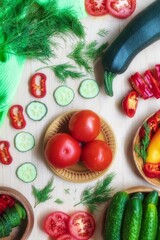 Fresh homemade vegetables are placed on a light wooden background
