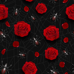 Vector seamless pattern with cobweb, red roses and spiders.