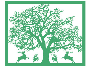 Decorative vector composition deer jumping under a tree, save ecology and nature