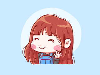Cute and kawaii Girl Smile and Wave Hi Chibi Illustration