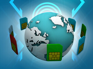 3d render sim card global communication planet earth 