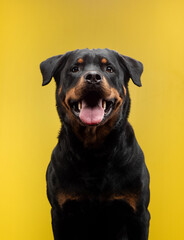 Rottweiler dog on a yellow background. Pet in studio.
