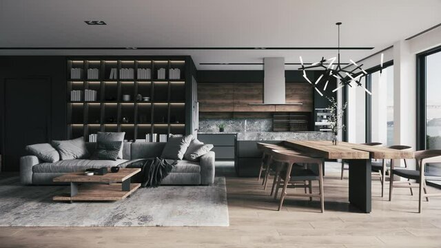 Contemporary interior design of the living room. Stylish interior of the Kitchen-living room. 3d visualization