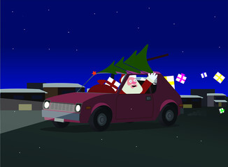Cartoon cheerful santa claus in a sedan car moving on a road in the night city with gifts and presents and new year tree. Christmas delivery concept. Vector illustration