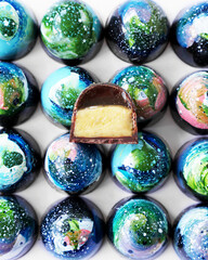 Chocolates set - blue color and space candy design and a cutaway candy. Handmade confectionery...