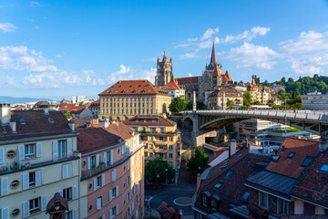 View of the beautiful city of Lausanne in Switzerland in the morning, the cityscape is dominated by...