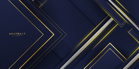 Abstract template luxury premium dark blue geometric diagonal background with golden line. Shiny realistic luxury golden elements. Modern vector design template.