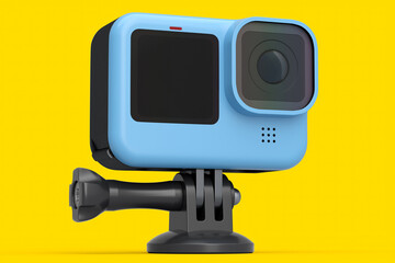 Photo and video lightweight action camera with display on yellow background