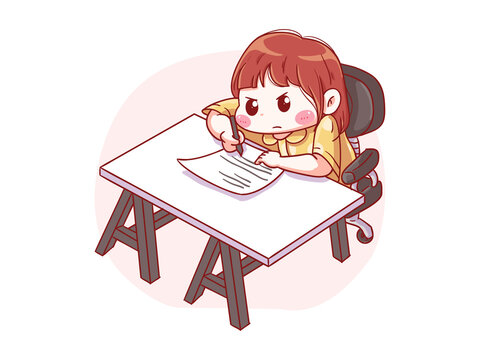 Cute And Kawaii Serious Girl Write On Paper Manga Chibi Illustration