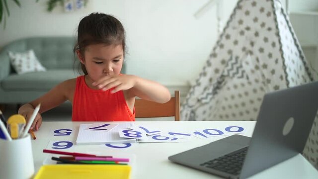 Home education for children. Spbd Attentive little Asian child girl looks for card with digit at online lesson via contemporary computer in room