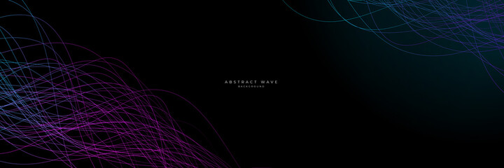 Wave line of flowing particles over dark abstract vector background, smooth curvy shape shining dots fluid array. 3d dots blended mesh, future technology relaxing wallpaper.