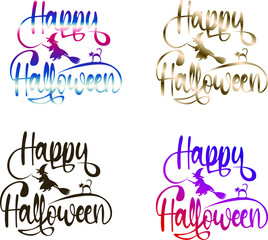 Set of Happy Halloween typography with flying witch cat and gradient