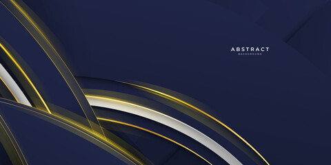 Abstract template diagonal lines striped dark blue gradient background and texture with golden wave line and space for your text. 