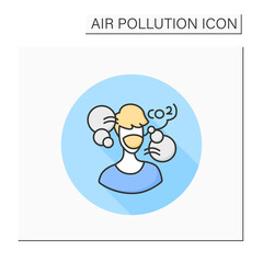 Air pollution color icon. Man in face respirator. Industrial smog, biohazard emissions. Greenhouse effect. Environment pollution and ecology damage concept.Isolate vector illustration