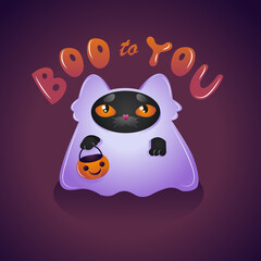 Halloween Black Cat Ghost Pumpkin Autumn Spooky illustration. Perfect for Halloween, party, autumn, decoration, textile design, background.