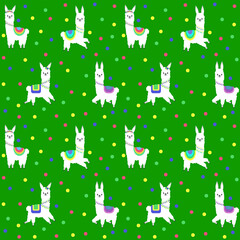 Pattern with the image of different lamas in colored costumes and a festive decoration