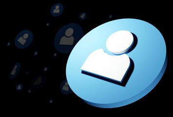 3D blue user account, person icon isolated on black background