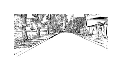 Building view with landmark of Khao Lak is a series of villages in Thailand. Hand drawn sketch illustration in vector.