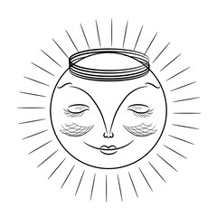 Sun character. Female abstract face with closed eyes and a crown on her head. Symbol of the woman, sun with rays. Sun icon. Queen. Outline drawing. Vector illustration. T-shirt print. Line art icon