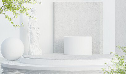 White stone podium, cosmetic display product stand with water reflection and nature leaves background. Trendy 3d render for social media banners, promotion, studio, stage. 