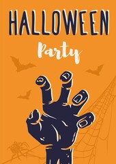 Halloween poster with zombie hand for halloween. Fear or horror spooky skeleton of happy halloween for design dark walking dead party