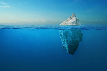 Iceberg With Above And Underwater View Taken In Greenland. Iceberg - Hidden Danger And Global Warming Concept. Iceberg illusion creative idea - obrazy, fototapety, plakaty