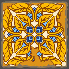 Portuguese azulejo vintage ceramic tile pattern. Old grunge background with chipped enamel tile. Italian pottery or spanish majolica.