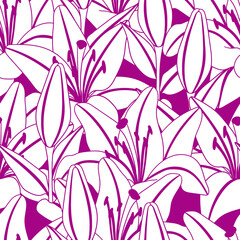 Seamless pattern with stylized lily flowers. Decorative image of beautiful buds.