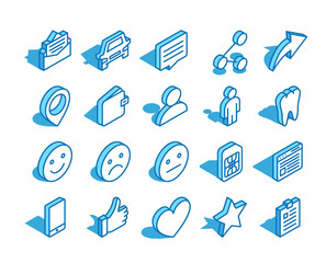 Set of web isometric icon. Thumb up, wallet, user, tooth, sim card and more. 3D line style symbol.