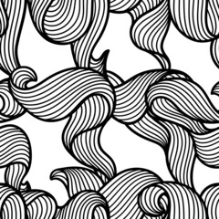 Seamless pattern with wave line curls. Monochrome stripes black and white texture. Wavy abstract hair.