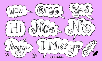 Hand drawn set of speech bubbles with handwritten short phrases  wow,OMG,hi,thank you,nice,no,yes,i miss you,oops on yellow background.