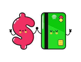 Cute, funny happy credit card and  dollar character. Vector hand drawn cartoon kawaii characters, illustration icon. Funny cartoon credit card and dollar friends concept