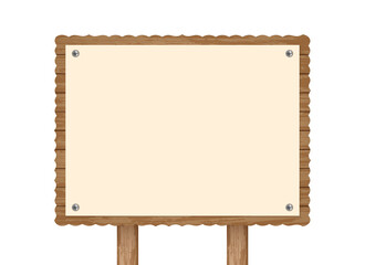 Realistic wooden signboard with fastened card. Mockup for design logo text advertisement. Decorative element concept