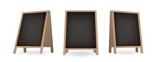 Set of black chalkboard a-frame standees in different views. Realistic blank board for menu announcement. Special street advertising equipment.