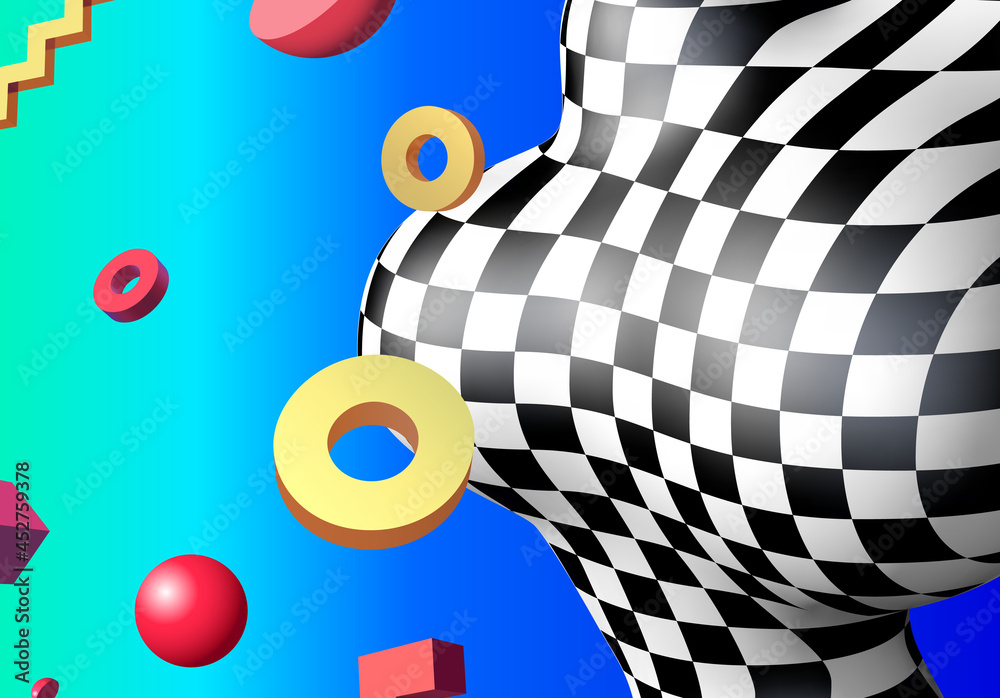 Poster Abstract background with flying colorful 3D geometric shapes over vibrant gradient backdrop. Lush and bold colored abstraction with checkered shape in 90s style.
