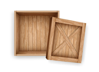 Realistic wooden container with lid. Open crate made of planks for storage and delivery. Wooden cargo box mockup template.