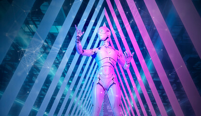 Future smart world metaverse, digital technology, digital marketing, android robot humanoid cyborg pointing finger in cyber space futuristic background