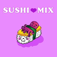 Cute sushi, with closed eyes and rosy cheeks. Kawaii nigiri roll with cheerful octopus on pink background