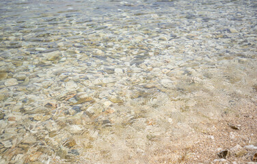 The bottom of the sea with small pebbles along with water.