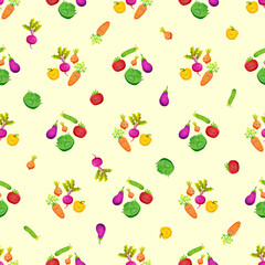 Vegetables seamless pattern.  The vegetables are divided into groups.  Beets, onions, eggplant, carrots, cucumbers, tomatoes, cabbage, peppers.  Vector image.