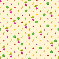 Vegetables seamless pattern.  Beets, onions, eggplant, carrots, cucumbers, tomatoes, cabbage, peppers.  Cartoon style.  Vector image.