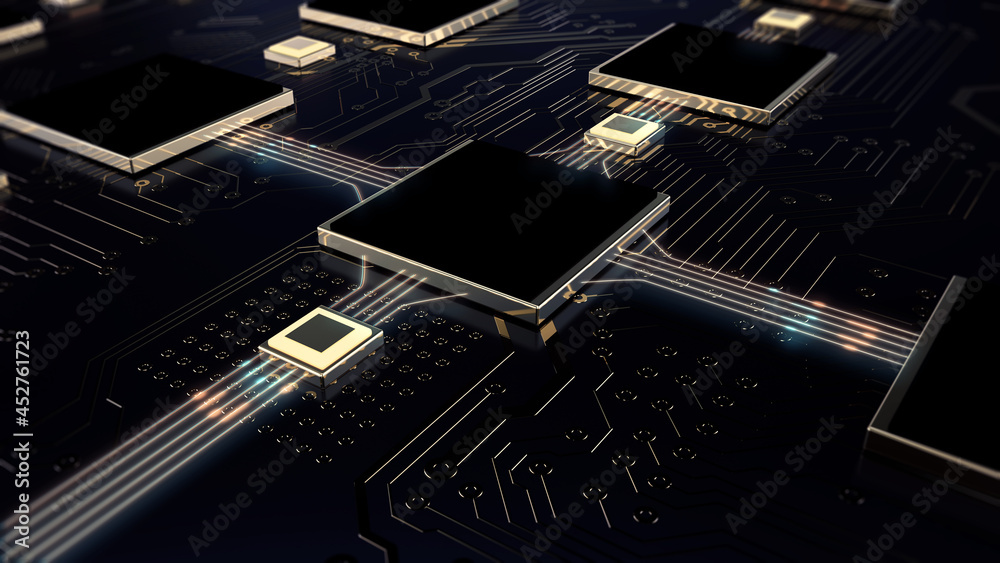 Poster Printed circuit board futuristic server/3d Illustration. The mother server is processing the data, Circuit board futuristic server code processing. Black, gold, blue technology background with bokeh