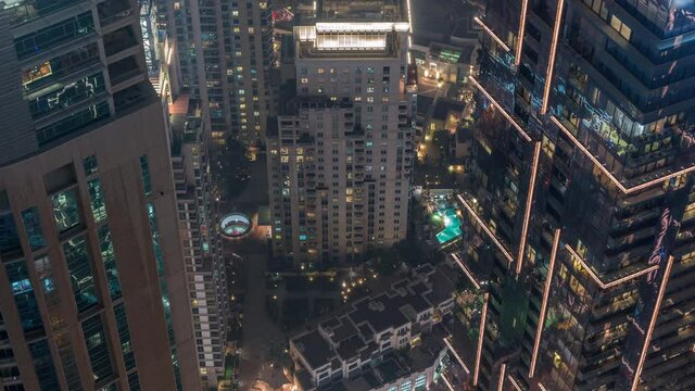 Dubai skyscrapers from above look down perspective timelapse. Dubai Marina aerial view